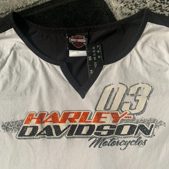 Women's Harley Davidson Bedazzled Orange and Black Letters V-neck White Shirt - Picture 3 of 7